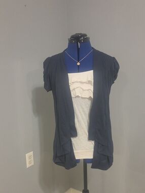 6 degrees Navy Short Sleeve Open Front Cardigan With White Tank